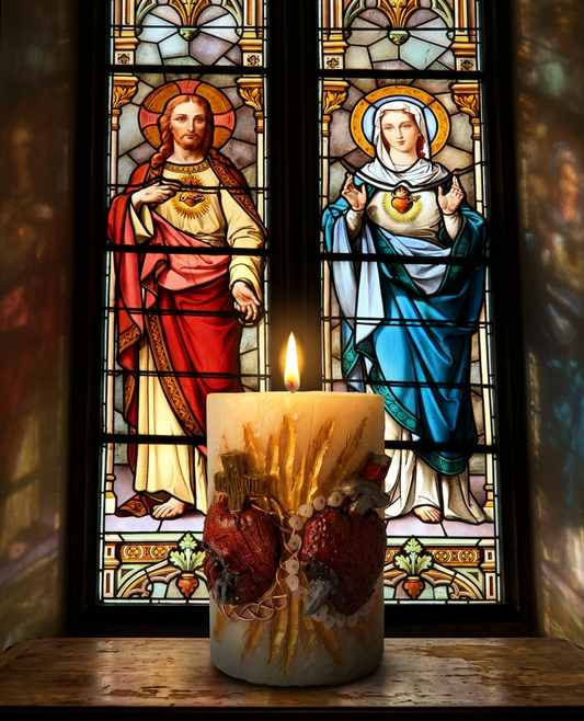 Bougie en cire d'abeille – Sacré-Cœur de Jésus & Cœur Immaculé de Marie