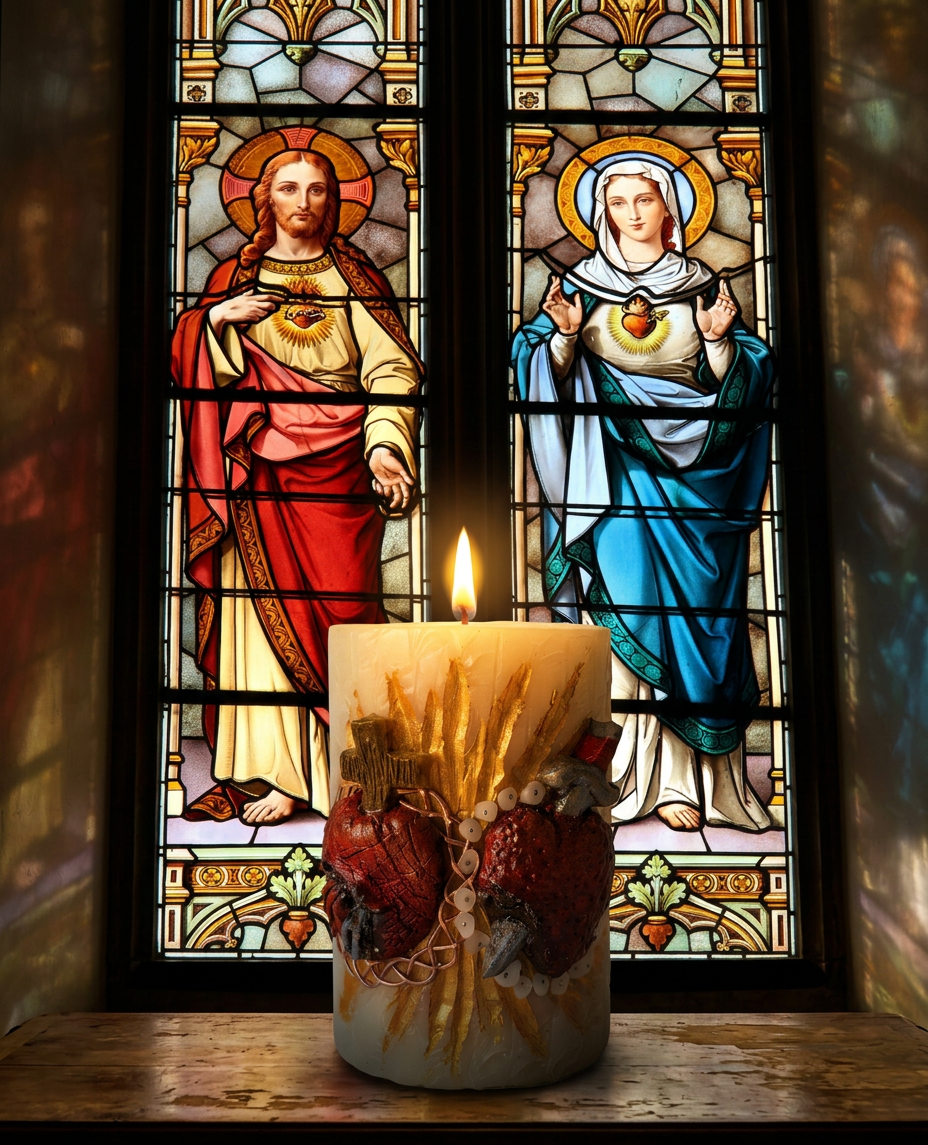 Bougie en cire d'abeille – Sacré-Cœur de Jésus & Cœur Immaculé de Marie